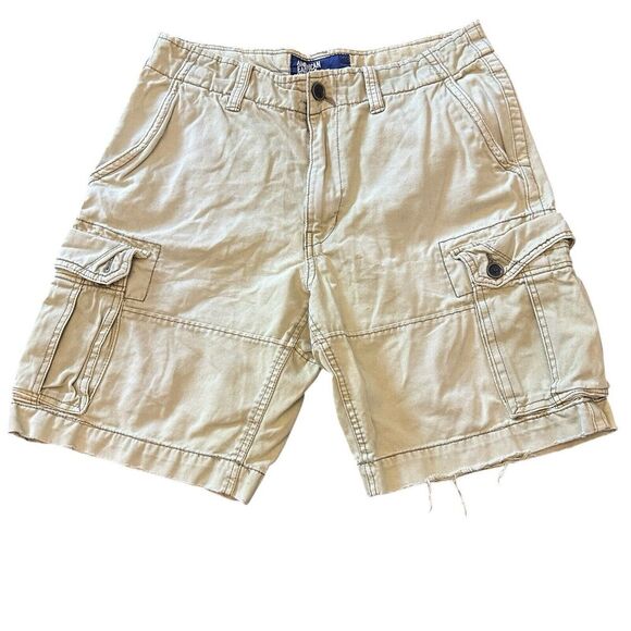 VTG‎ Y2K American Eagle Cargo Shorts Sz 33 Tan Baggy Military Utility Distressed - Picture 3 of 13
